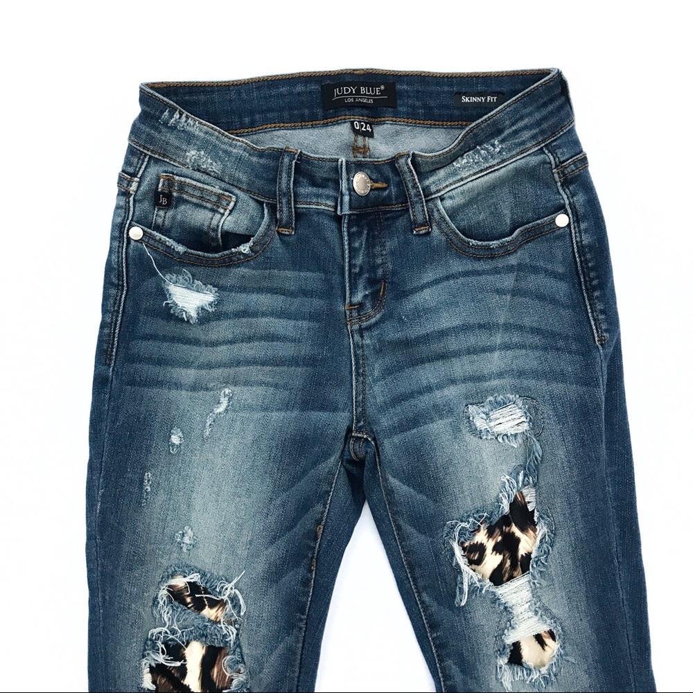 Judy Blue Cheetah Patched Ripped Skinny Jeans - Picture 6 of 8